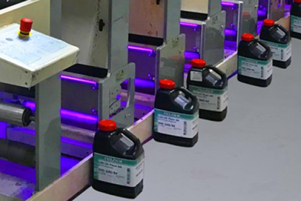 [photo] 300 Series UV flexo inks lined on the factory floor