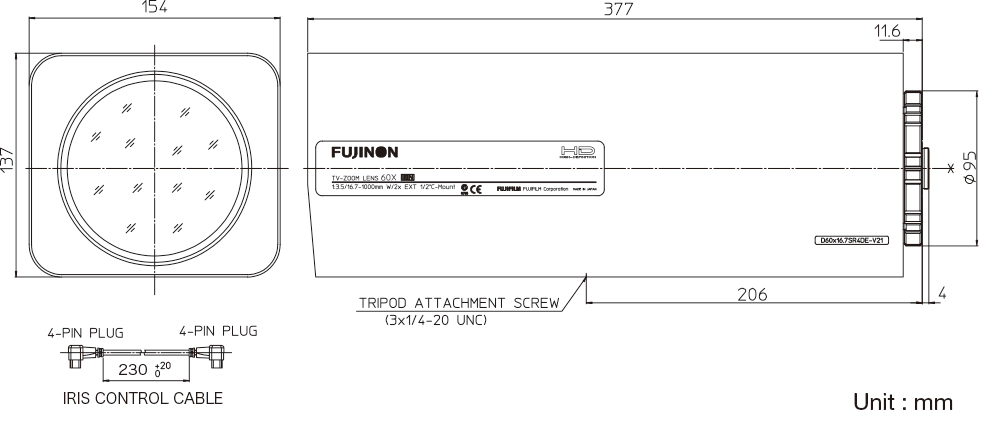 [photo] Schematic of zoom lens dimensions on side and front of equipment