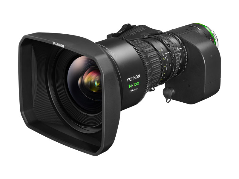 A close up image of the FUJINON DUVO™ HZK14-100mmT2.9-3.9 Portable PL Mount Wide-Angle Zoom Lens