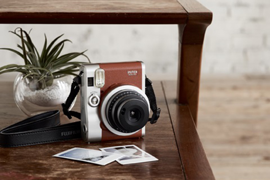 Brown mini 90 camera with two photos and small plant on table