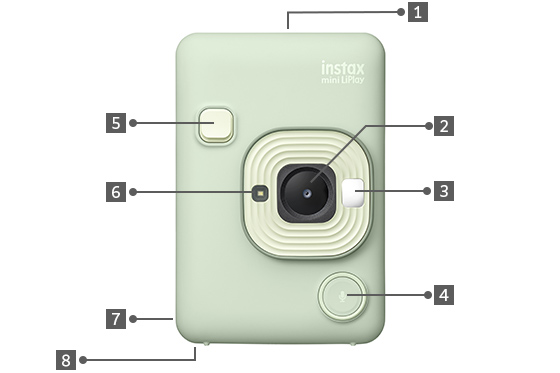[photo] Front view of an Elegant Black instax mini LiPlay with different parts labeled 1 through 8