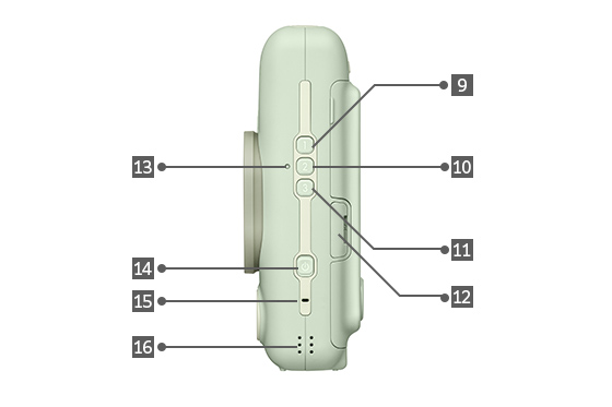[photo] Side view of an Elegant Black instax mini LiPlay with different parts labeled 9 through 16