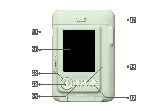 [photo] Rear view of an Elegant Black instax mini LiPlay with different parts labeled 17 through 24