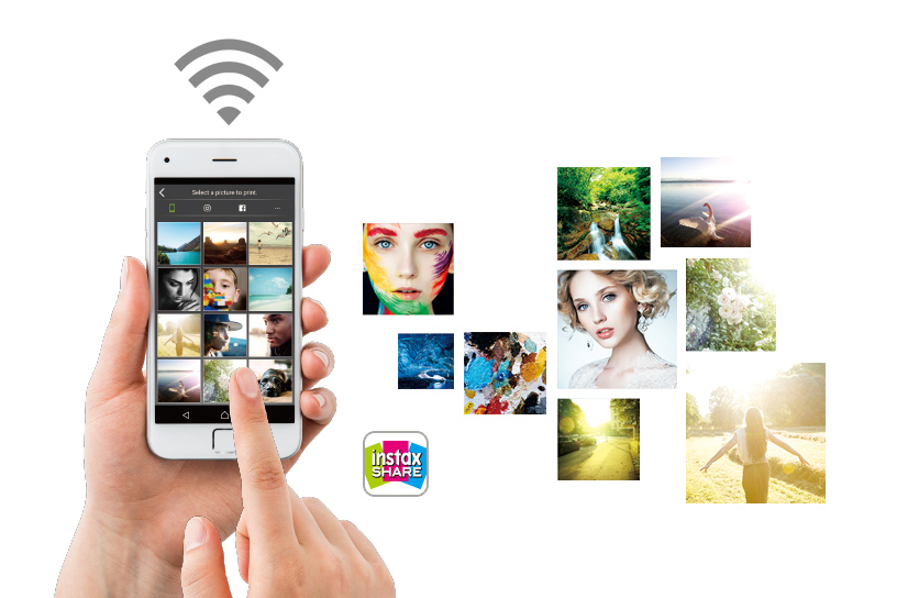Phone showing INSTAX SHARE App & collage of pictures