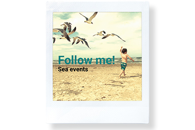Picture of a beach with running kid and birds and text "Follow me!"