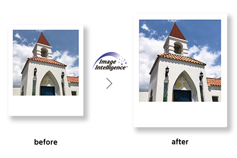 Before and After picture of a building showing Fujifilm Intelligence Filter