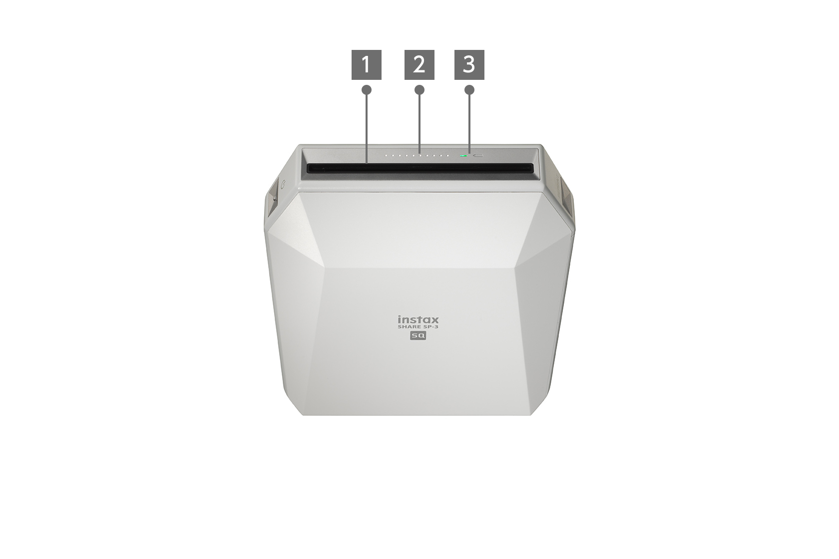 Top view of white INSTAX SHARE™ SP-3 printer