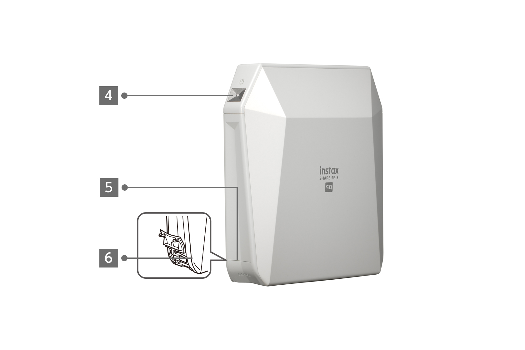Side view of white INSTAX SHARE™ SP-3 printer