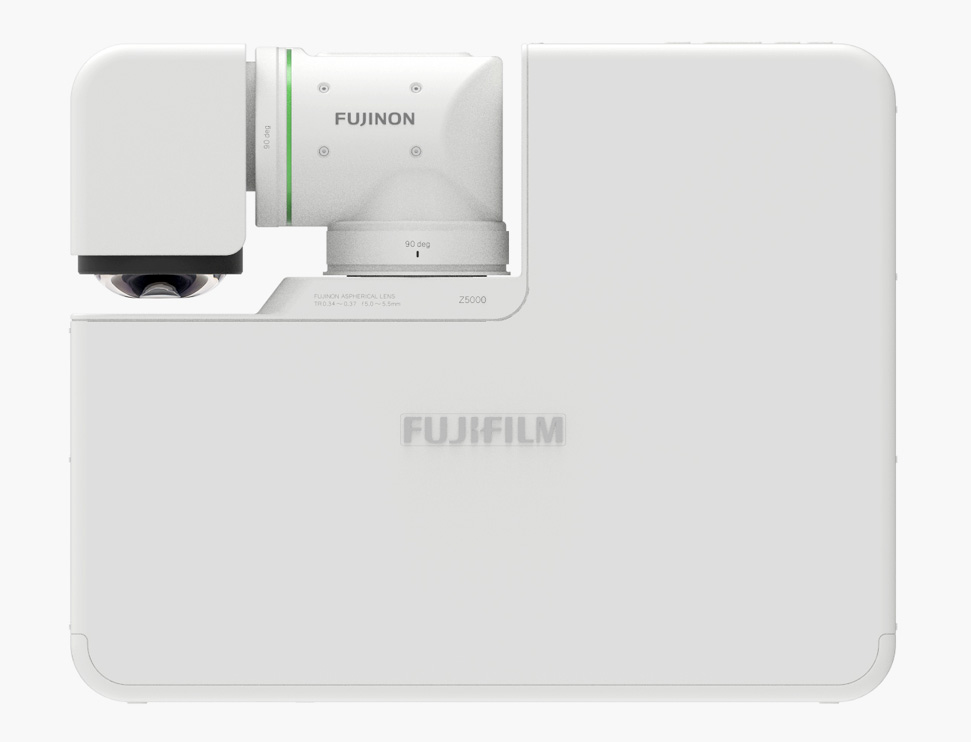 [photo] Top of white FP-Z5000 in compact position with projector lens swiveled closed