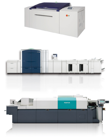 [image] Side view of three Fujifilm digital and offset production machines stacked on top of each other