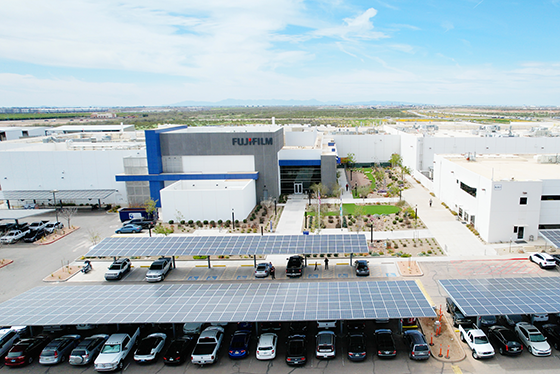 Installed photovoltaic panels on the roof of the employee parking lot