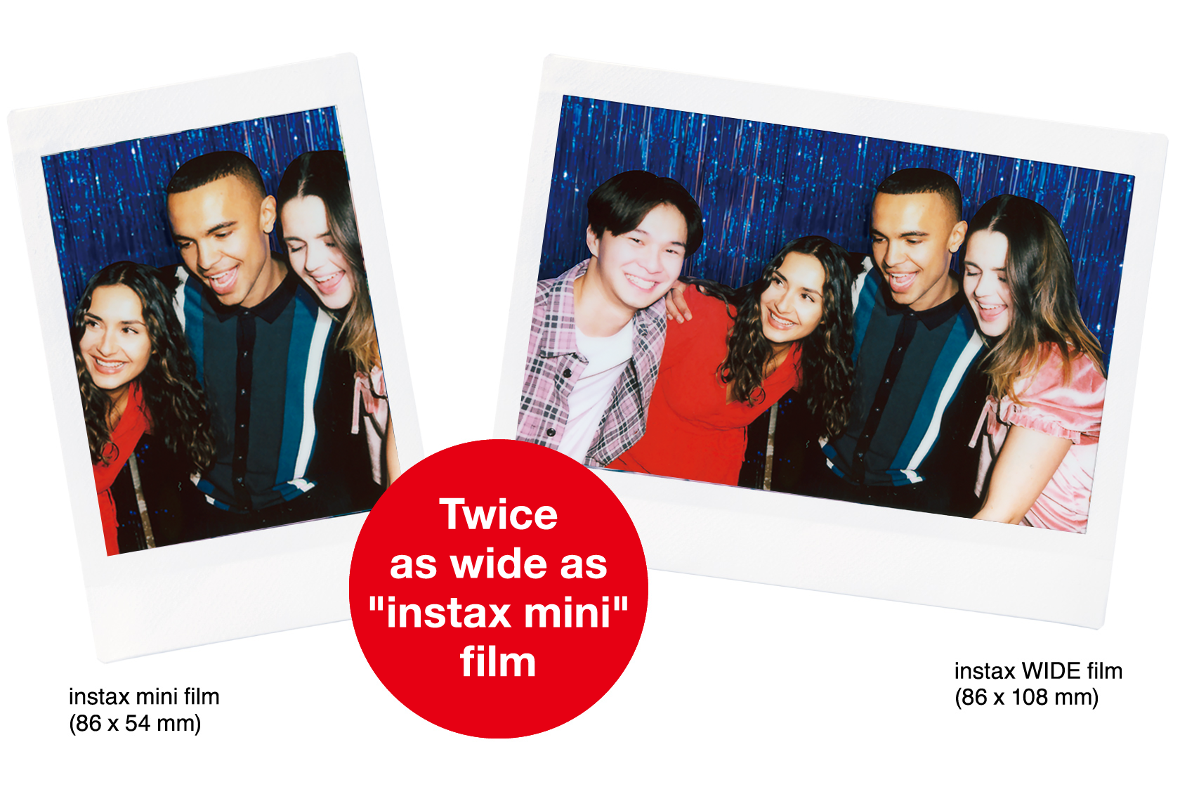 Image of a photo of five persons taken with Mini film and two persons on both side got crop out and photo taken with Wide film show all five persons