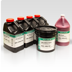 [photo] A collection of 4 one gallon, one bucket and one bottle of Fujifilm 800 Series Varnish line